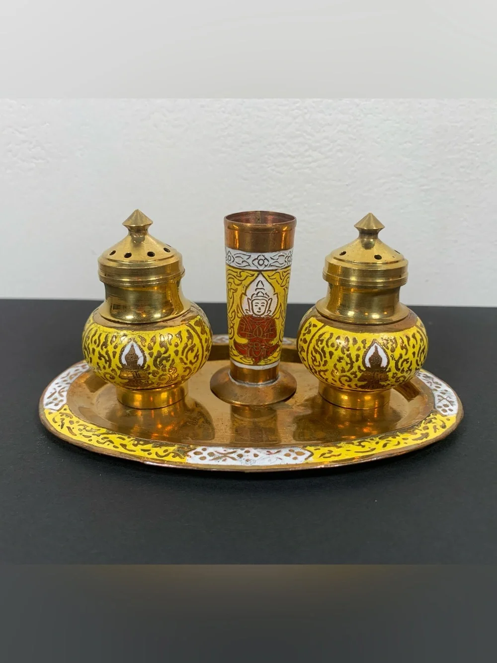 Vintage Enameled Brass Salt and Pepper Set Tray India